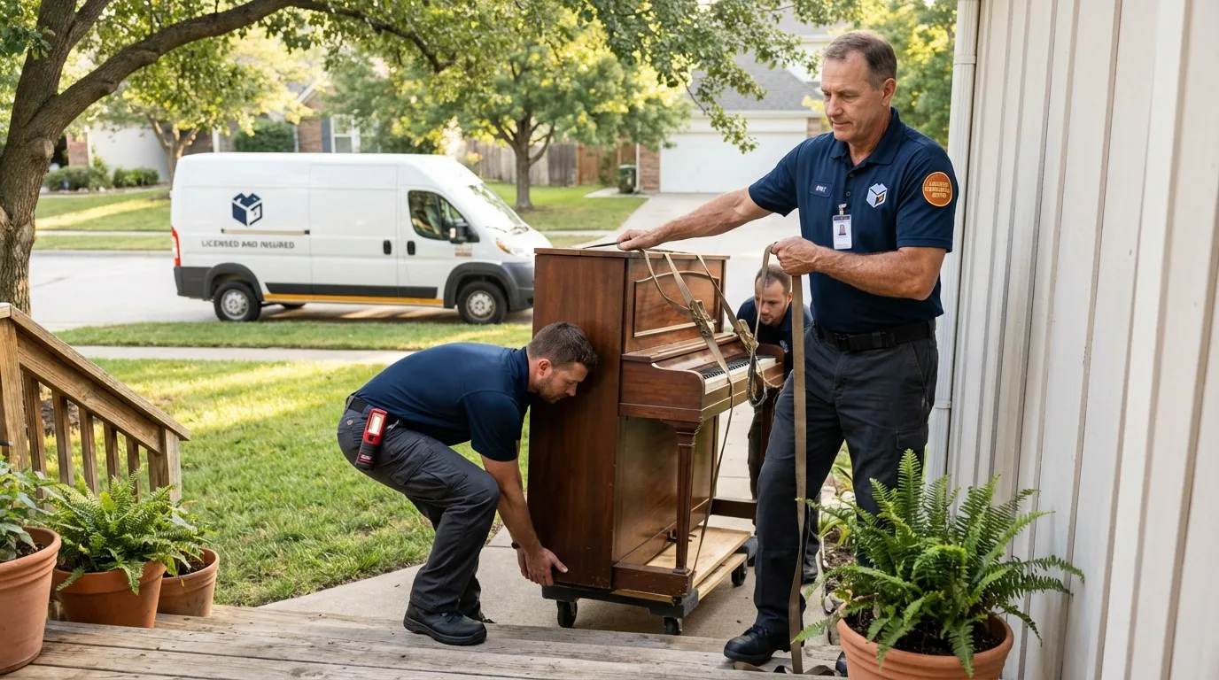 Licensed piano movers securing grand piano in Tionesta, PA