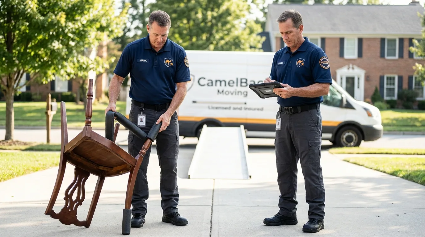 Movers inspecting furniture for damage prevention before loading in Tionesta, PA